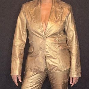 Metro style Bronze leather pantsuit.